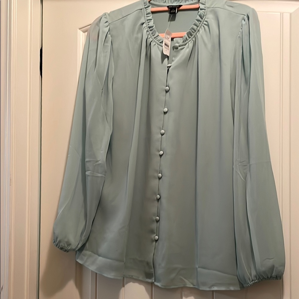 Ann Taylor Slate Green/Blue Ruffled Buttoned Blouse